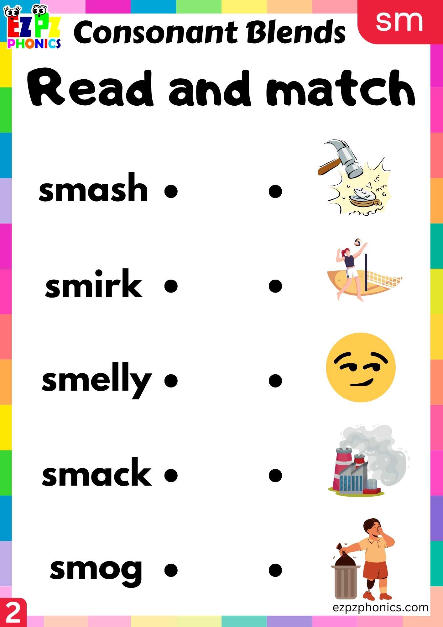 Group2 SM Words Read And Match Phonics Consonant Blends Worksheet